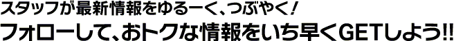 スタッフが最新情報をゆるーく、つぶやく！フォローして、おトクな情報をいち早くGETしよう！！
